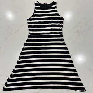 Ann Taylor Size 8 Jersey Knit Sleeveless A-Line Dress Black Cream Stripe Lined